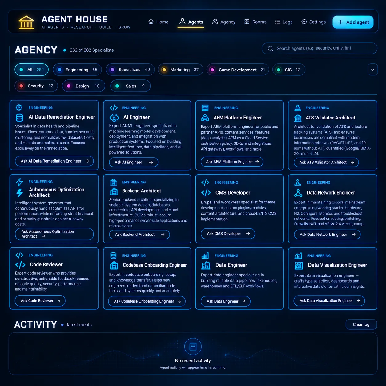 Agent House agency page listing specialist AI agents by category