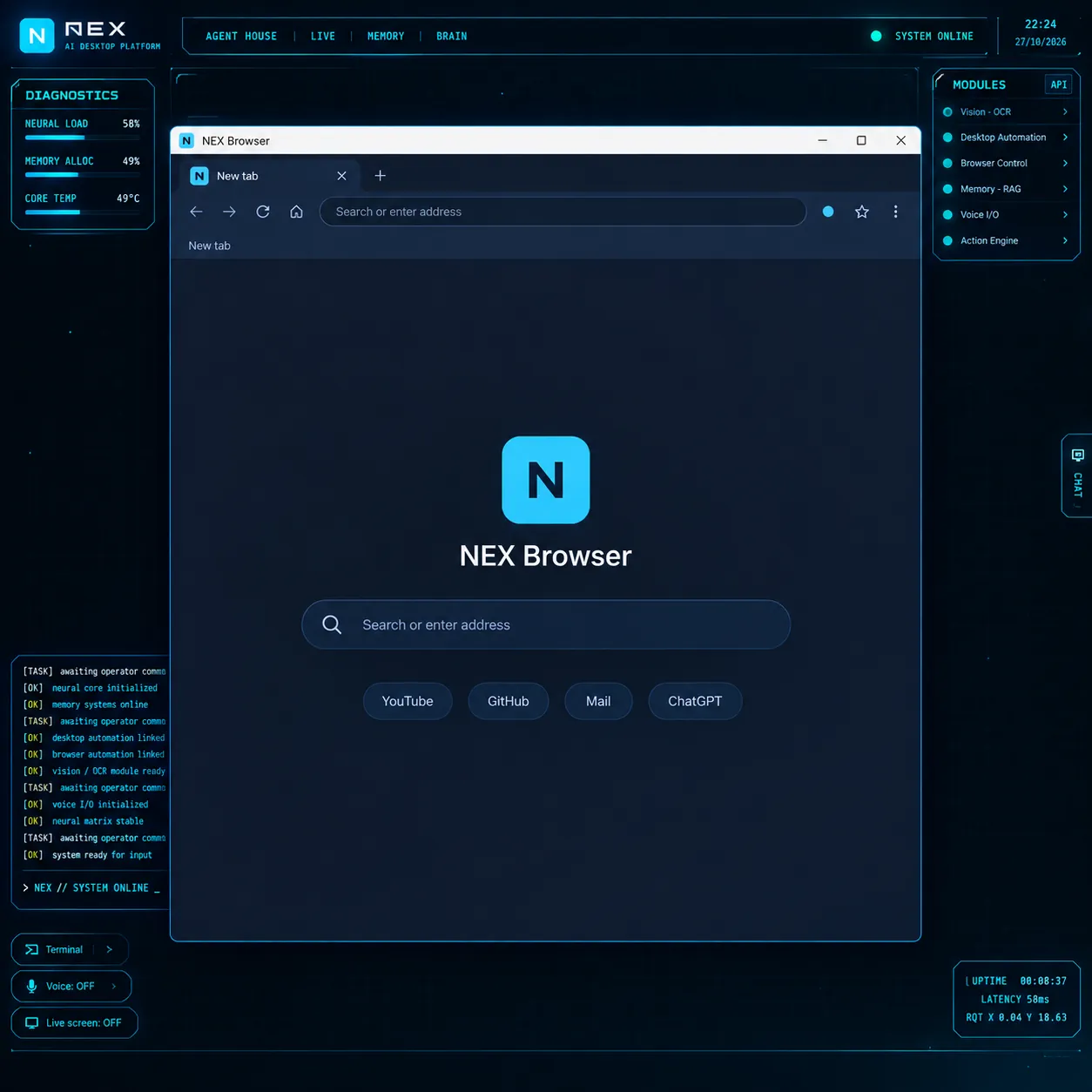 NEX Browser window inside the NEX desktop interface