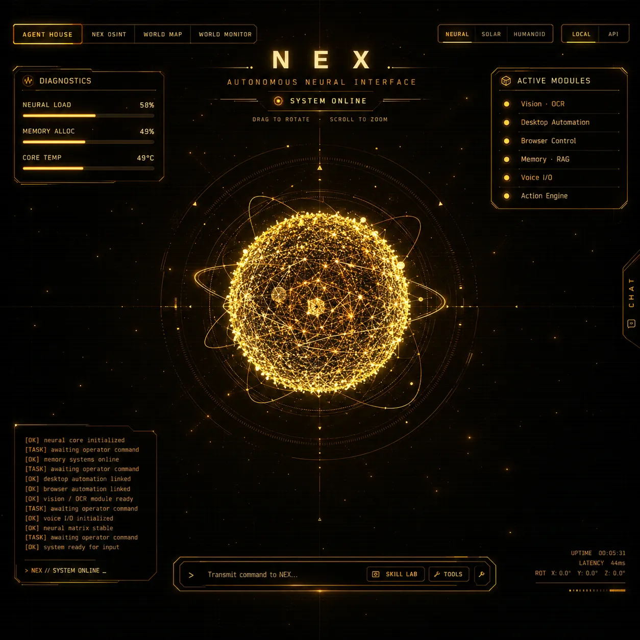 NEX AI neural core in gold theme with live system log