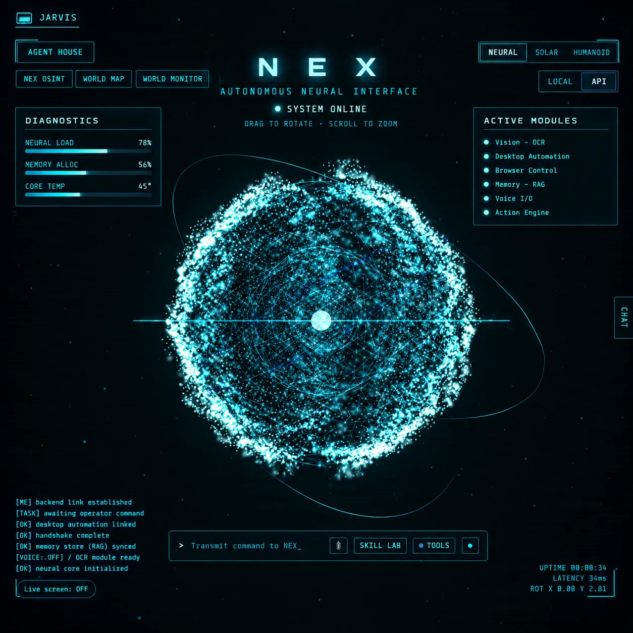 NEX AI neural interface with 3D neural core, diagnostics and active modules