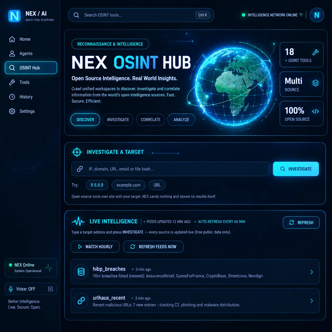NEX OSINT Hub dashboard for investigating IPs, domains and URLs